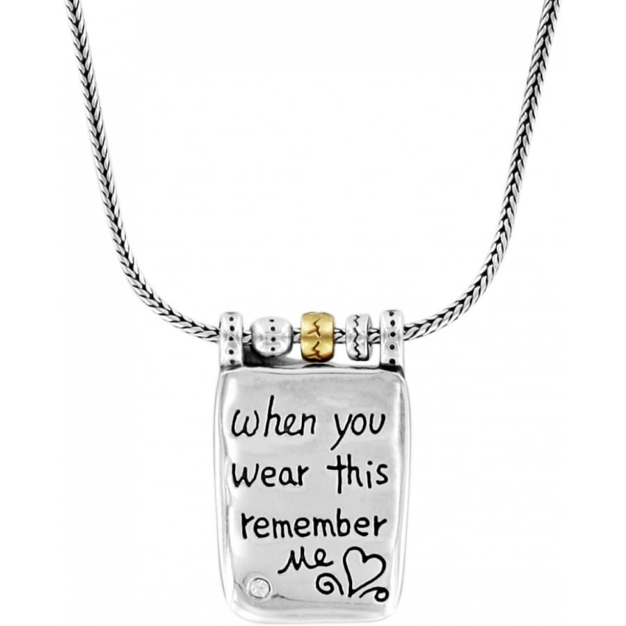 Brighton pendant necklace with engraved message, brushed gold bead accent, and silver-plated chain on a white background