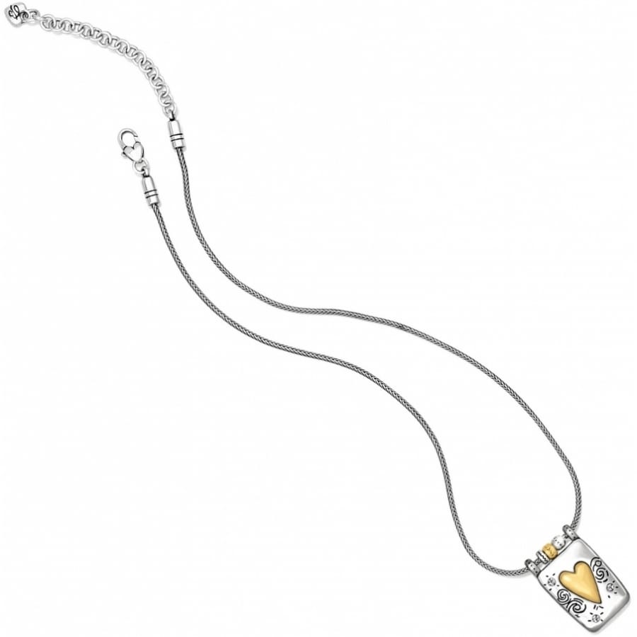 Brighton pendant necklace with silver-plated chain and brushed gold heart accent on rectangular tag on a white background