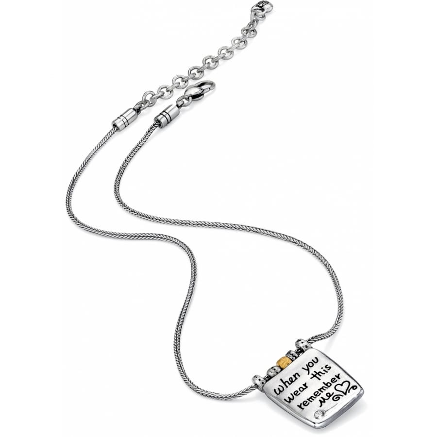 Brighton pendant necklace with silver-plated square charm engraved with handwritten message and brushed gold accent on white background