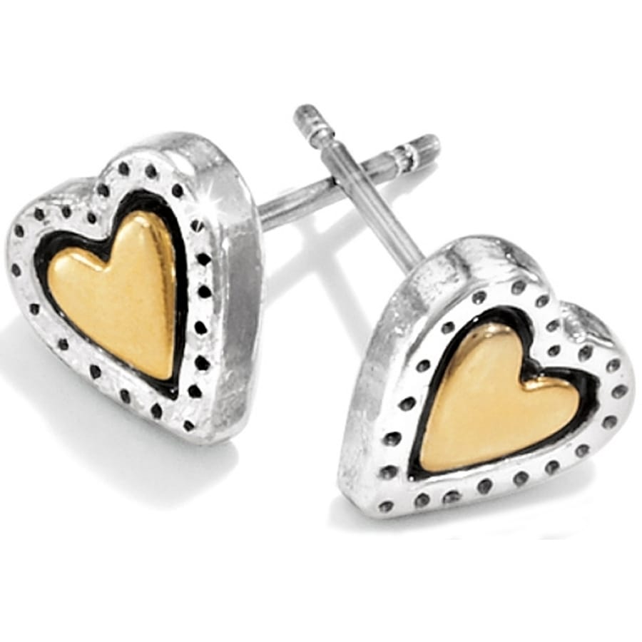 Brighton heart stud earrings with gold-plated hearts and silver-plated dotted borders on a white background