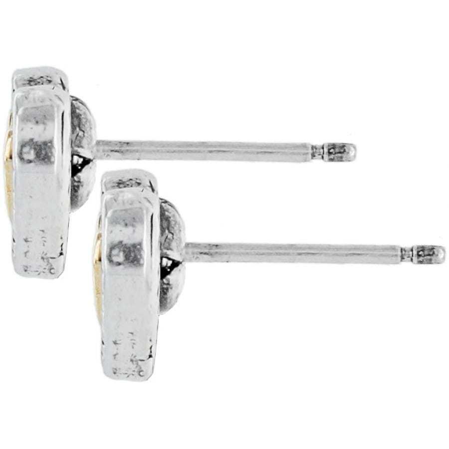 Close-up of Brighton stud earrings shown from the back with silver-plated posts and textured settings