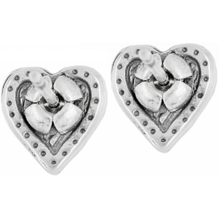 Brighton heart stud earrings with silver-plated floral center and beaded border detailing on a white background