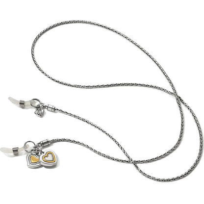 Brighton eyeglass chain holder with two-tone heart charms and silver-tone braided chain on a white background