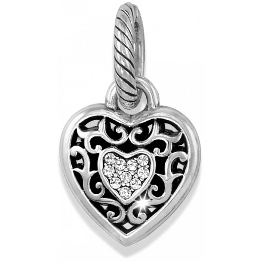 Brighton heart charm with silver-plated scroll filigree design and crystal pavé heart center on a white background