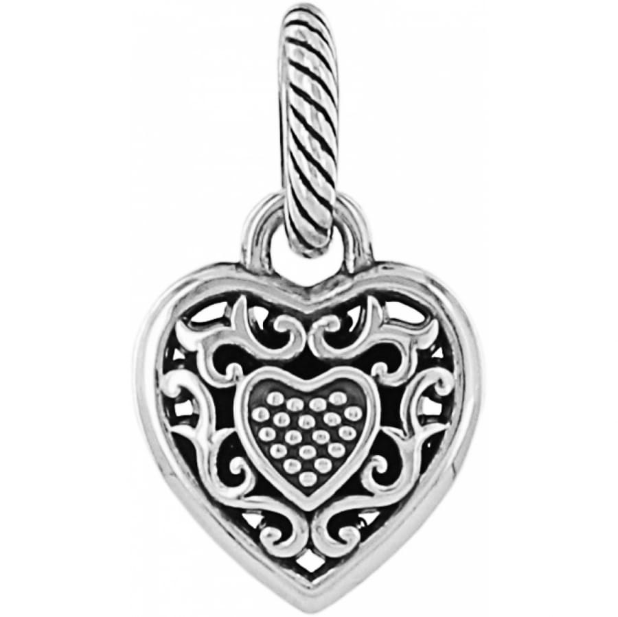 Brighton heart charm pendant with silver-plated filigree scrollwork and beaded center heart detail on a white background