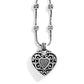 Brighton pendant necklace with silver-plated filigree heart, crystal-accented beaded stations, and rope chain on a white background