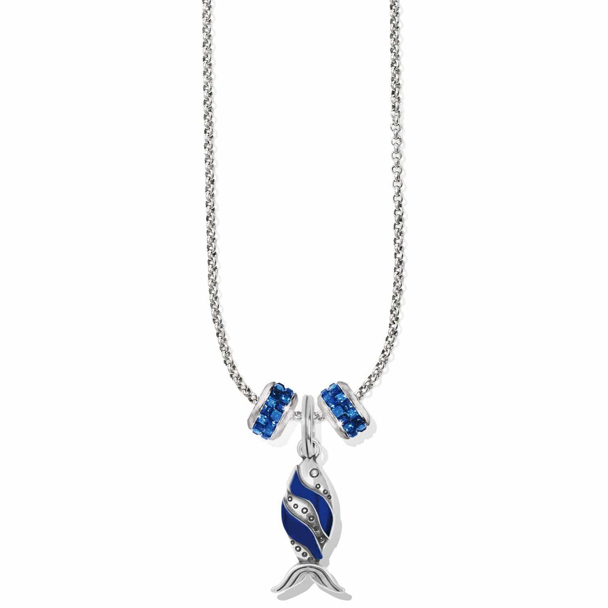 Brighton silver-plated pendant necklace with blue fish charm and two blue crystal beaded accents on a white background