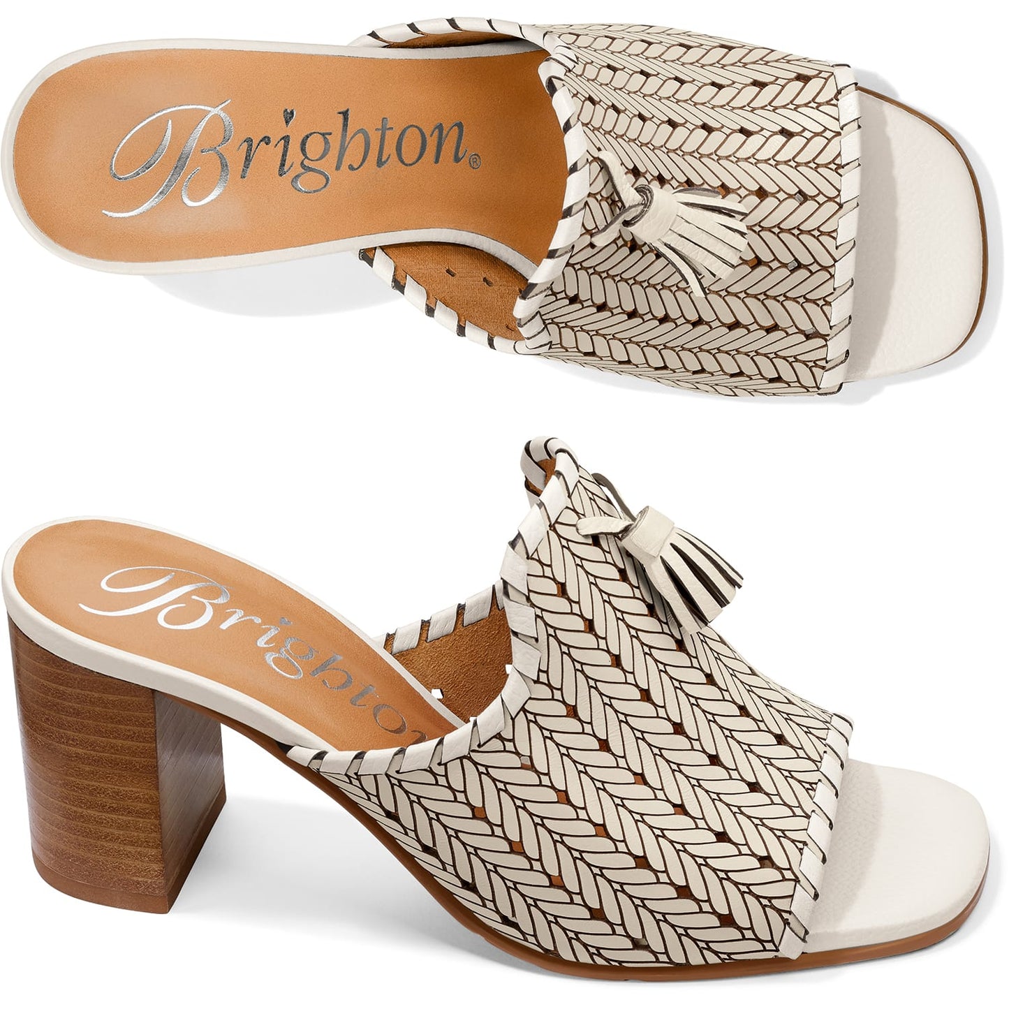 Brighton woven leather heeled slide sandals in cream with tassel detail and stacked wood block heel on a white background