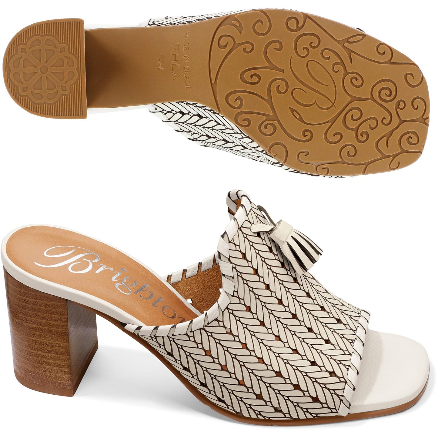 Brighton woven leather block heel mule sandals in white with tassel accent and patterned sole on a white background