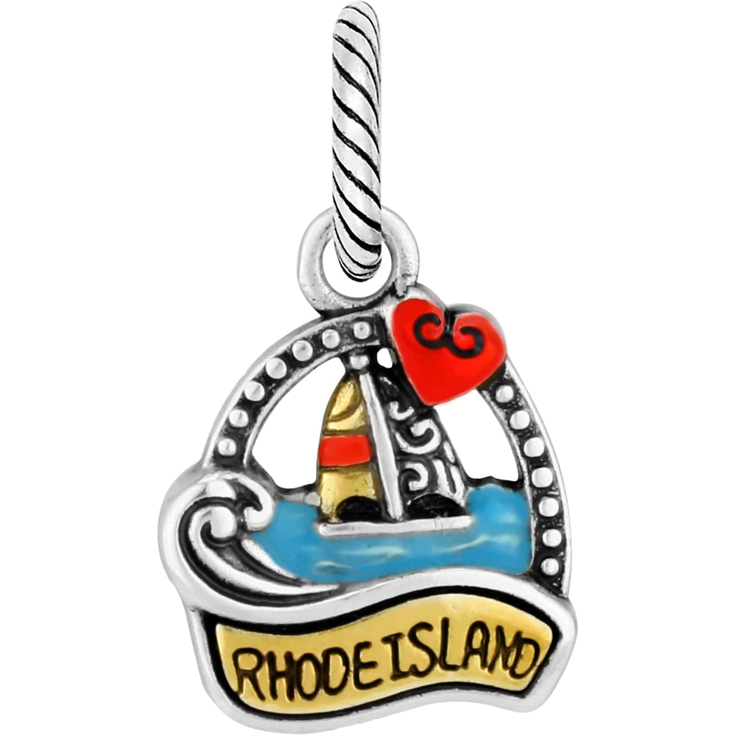 Brighton Rhode Island sailboat charm with blue enamel waves, red heart, and two-tone finish on a white background