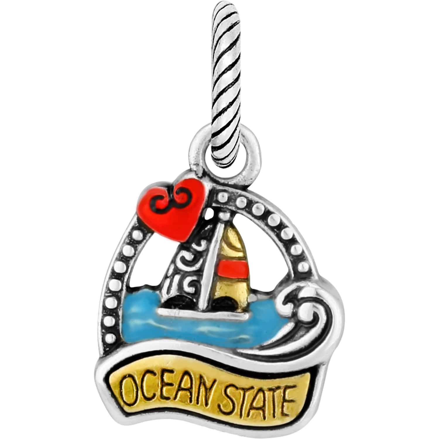 Brighton sailboat charm with red heart, blue waves, and Ocean State banner in two-tone finish on a white background