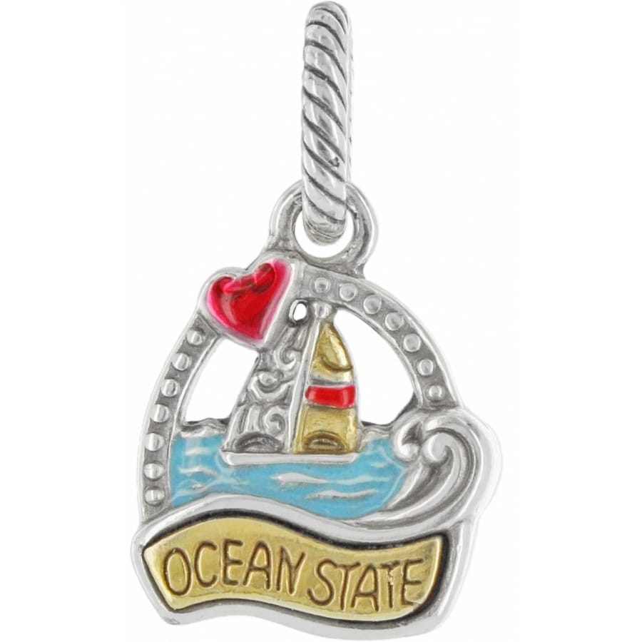 Brighton sailboat charm with red heart, gold-tone sails, blue enamel waves, and Ocean State banner on a white background