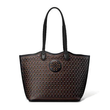Brighton tote handbag with black and brown diamond lattice pattern, studs, and medallion emblem on a white background