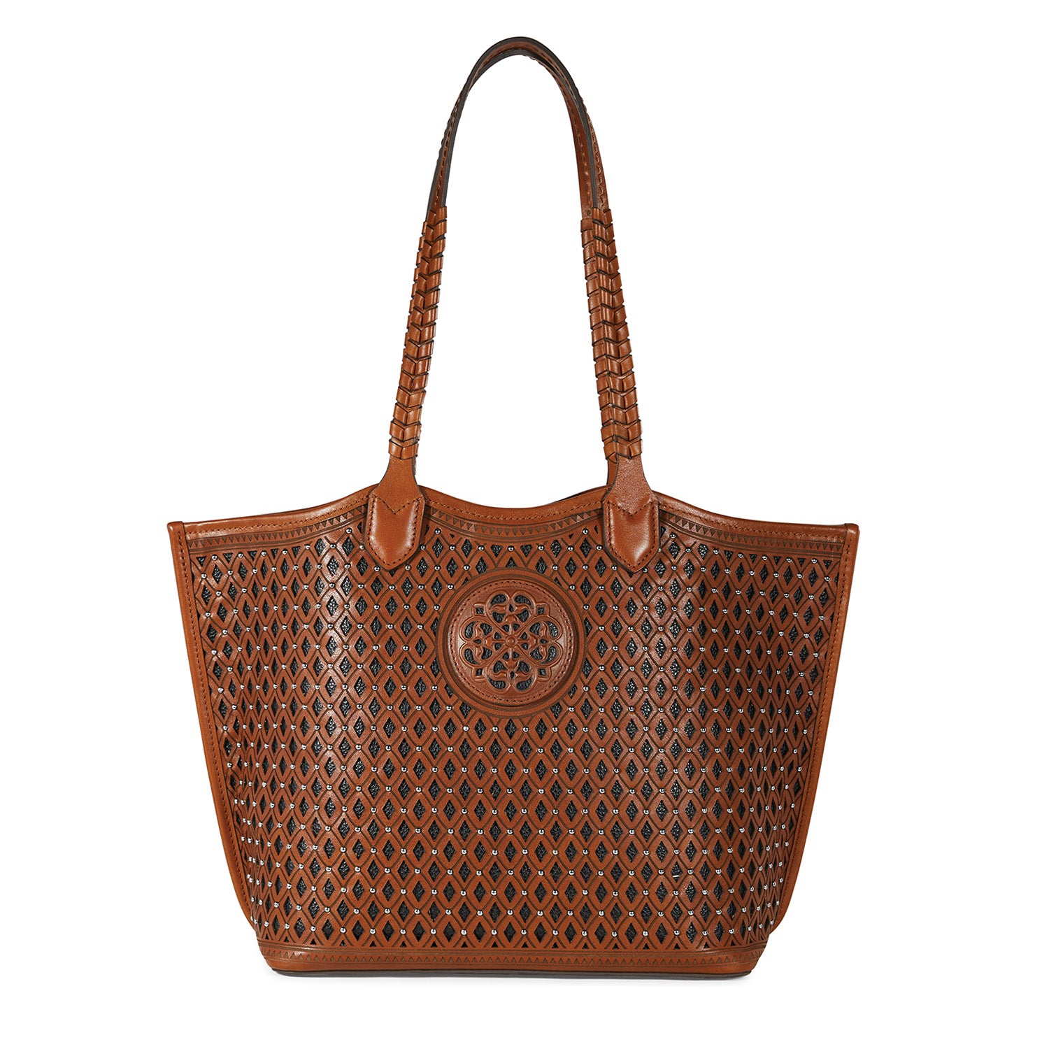 Brighton tan leather tote handbag with diamond cutout pattern, silver studs, and braided shoulder straps on a white background