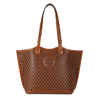 Brighton tan leather tote handbag with diamond cutout pattern, silver studs, and braided shoulder straps on a white background
