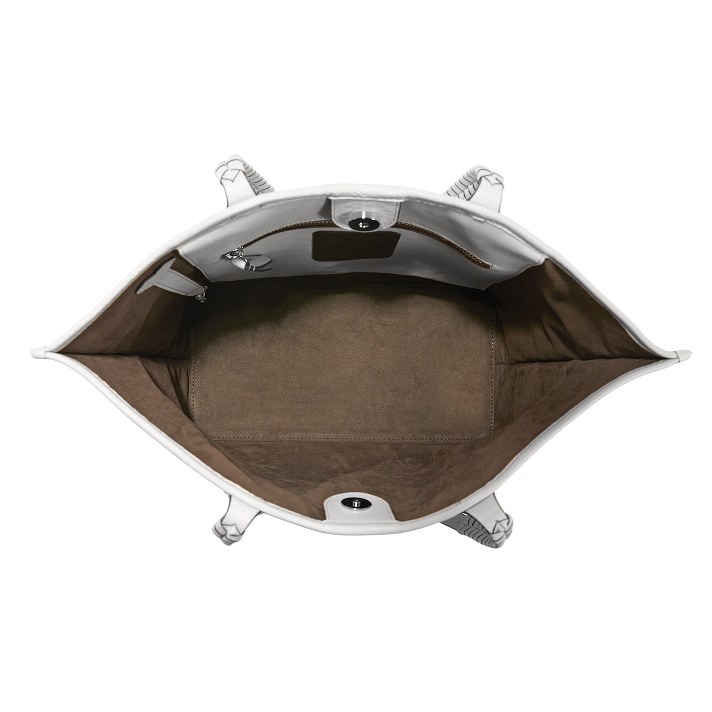 Brighton handbag interior view showing white leather lining, brown suede base, and snap closure on a white background