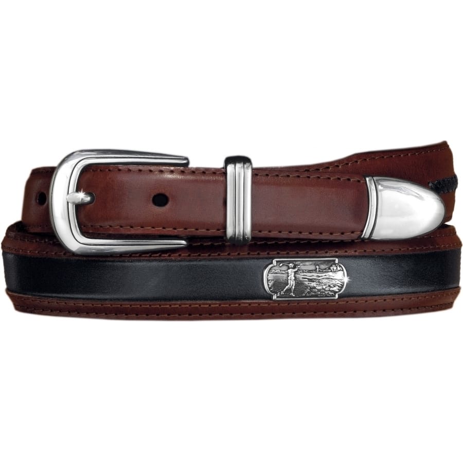 Brighton leather belt in brown and black with silver-tone buckle and golfer medallion accent on a white background