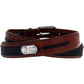 Brighton leather belt in brown and black with braided accent and silver-tone golfer concho on a white background