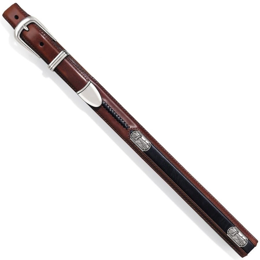 Brighton brown leather belt with silver-tone buckle and engraved metal conchos along the strap on a white background