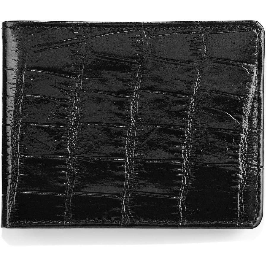 Brighton bifold wallet in black crocodile-embossed leather with glossy textured finish on a white background