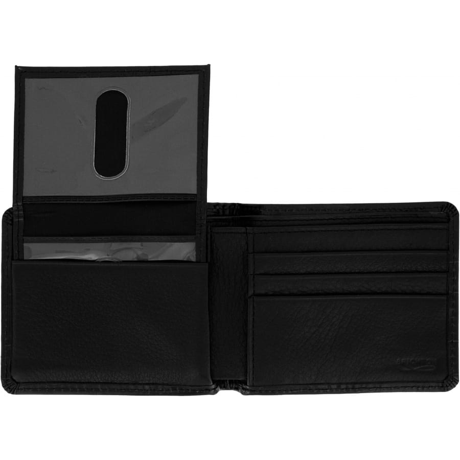 Brighton black leather bifold wallet shown open with ID window, card slots, and billfold compartment on a white background