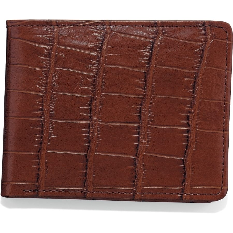 Brighton bifold wallet in brown crocodile-embossed leather with vertical paneled texture and stitched edges on a white background