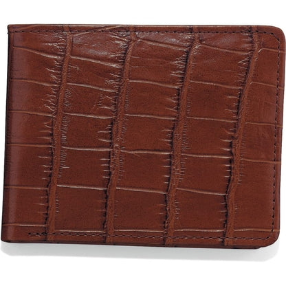 Brighton bifold wallet in brown crocodile-embossed leather with vertical paneled texture and stitched edges on a white background
