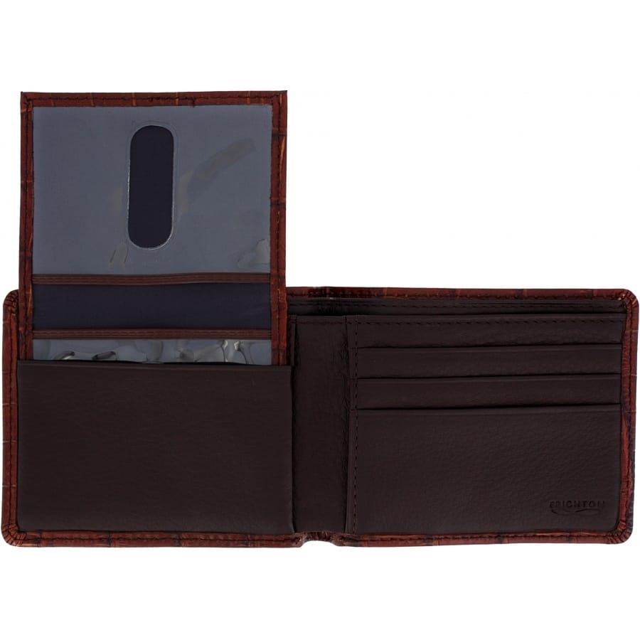 Brighton bifold wallet shown open with brown leather interior, card slots, and clear ID window on a white background