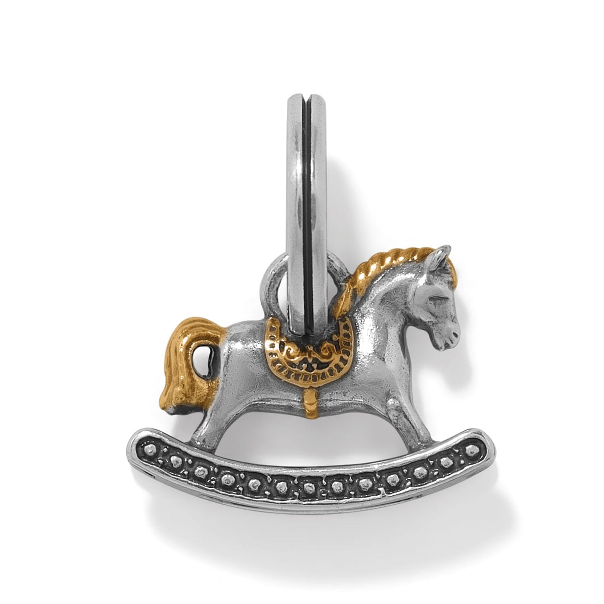Brighton rocking horse charm with two-tone silver and gold finish and beaded base on a white background
