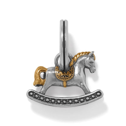 Brighton rocking horse charm with two-tone silver and gold finish and beaded base on a white background