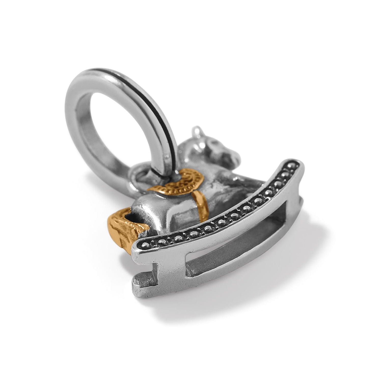 Brighton rocking horse charm with two-tone silver and gold finish and beaded saddle detail on a white background