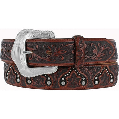 Brighton tooled leather belt with floral embossed pattern, silver-tone engraved buckle, and studded accents on a white background