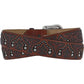 Brighton tooled leather belt with brown floral embossing, silver-tone studs, and ornate buckle on a white background