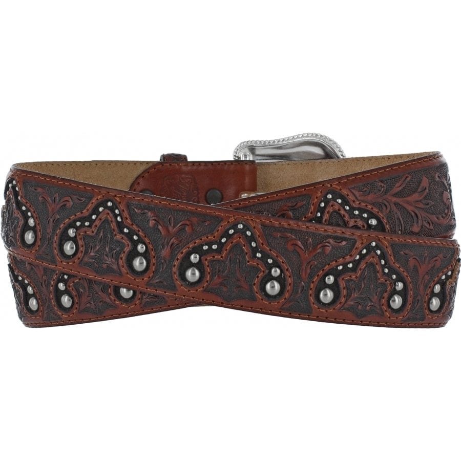 Brighton tooled leather belt with brown floral embossing, silver-tone studs, and ornate buckle on a white background