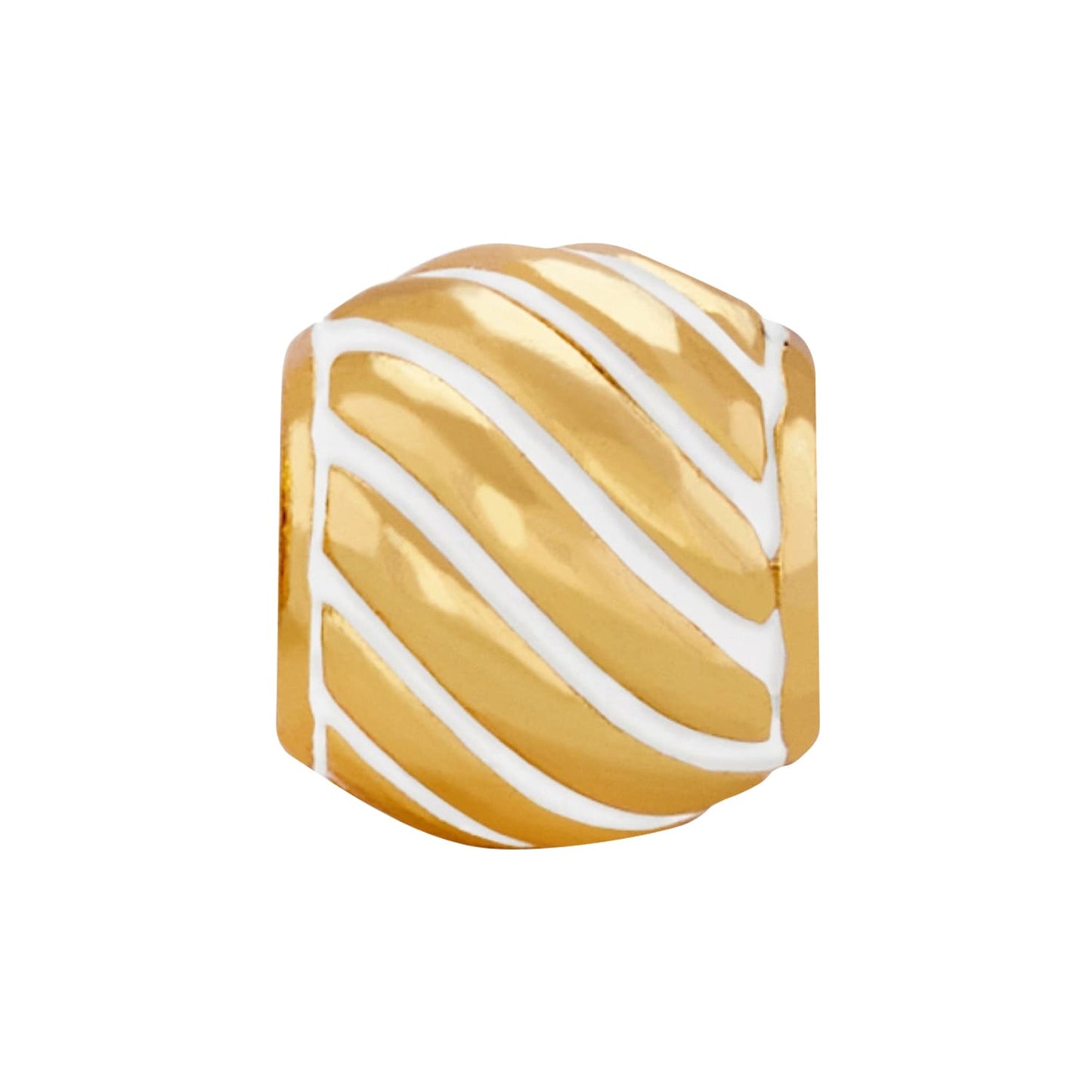 Brighton charm bead with gold-tone finish and diagonal white enamel striped pattern on a white background
