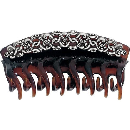 Brighton hair claw clip in tortoise finish with ornate silver-tone scrollwork detailing along the top on a white background