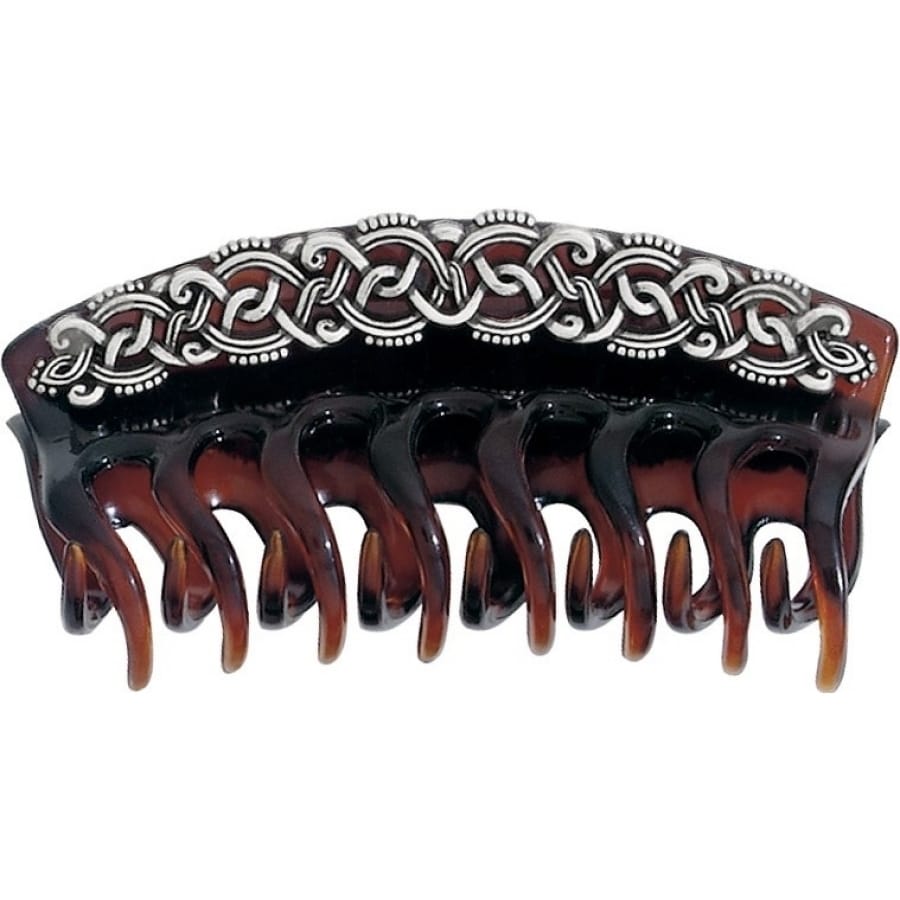 Brighton hair claw clip in tortoise finish with ornate silver-tone scrollwork detailing along the top on a white background