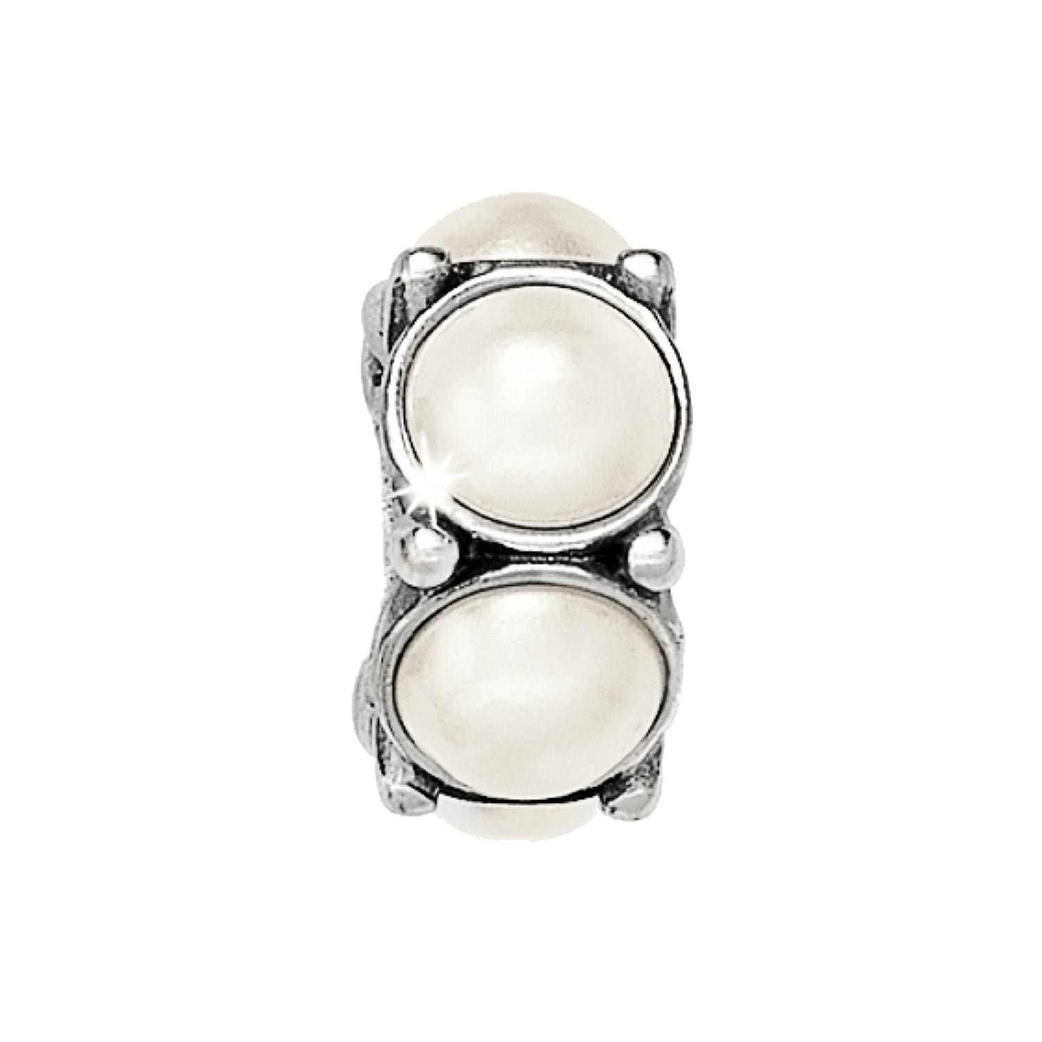 Brighton spacer charm with two round white pearls set in silver-plated frame with beaded accents on a white background