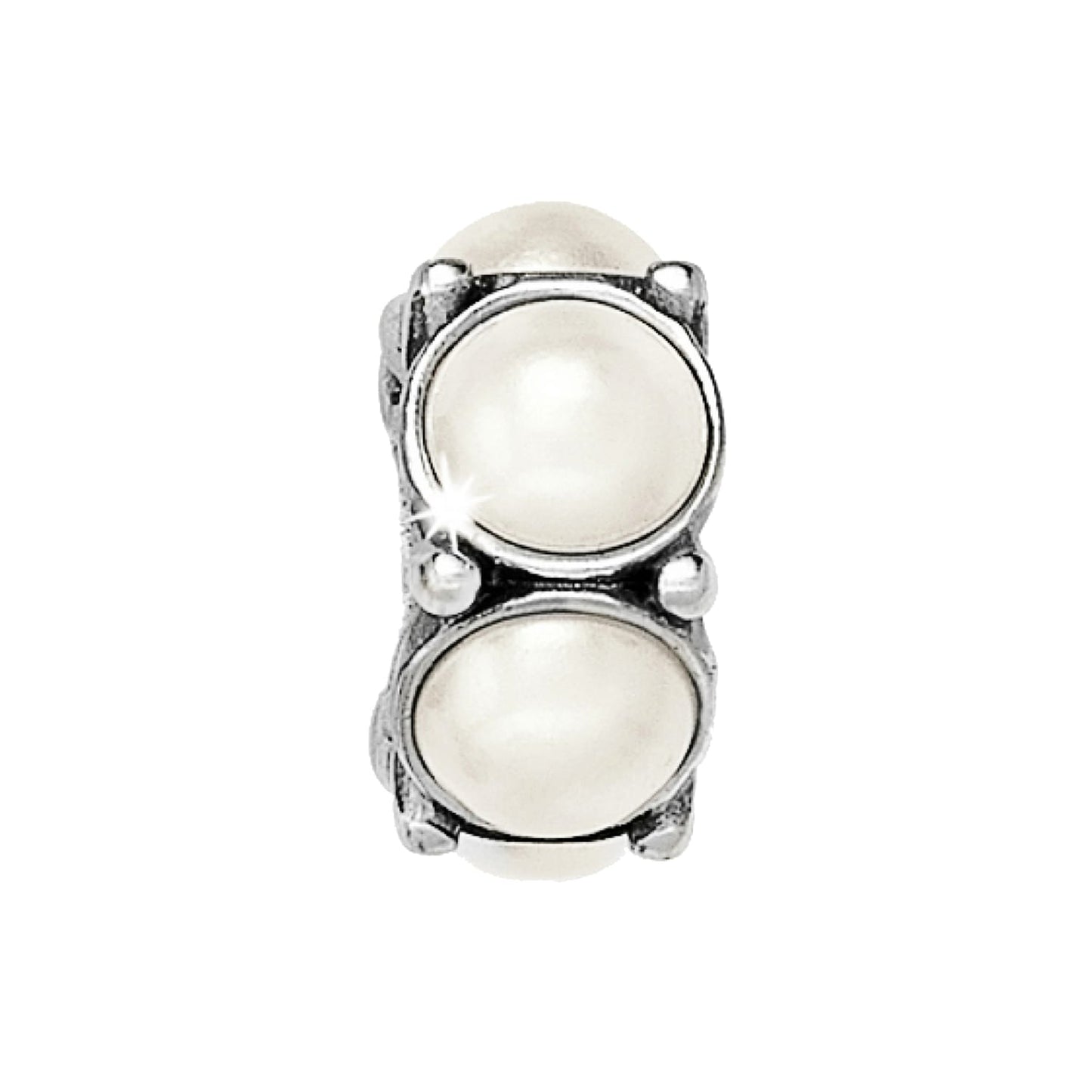 Brighton spacer charm with two round white pearls set in silver-plated frame with beaded accents on a white background