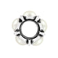 Brighton silver-plated bead with open center, decorative cutouts, and four white pearl accents on a white background