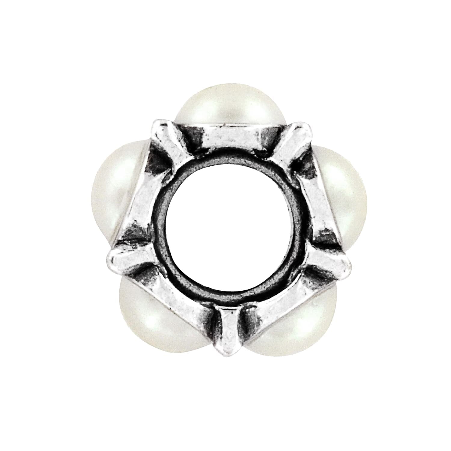 Brighton silver-plated bead with open center, decorative cutouts, and four white pearl accents on a white background