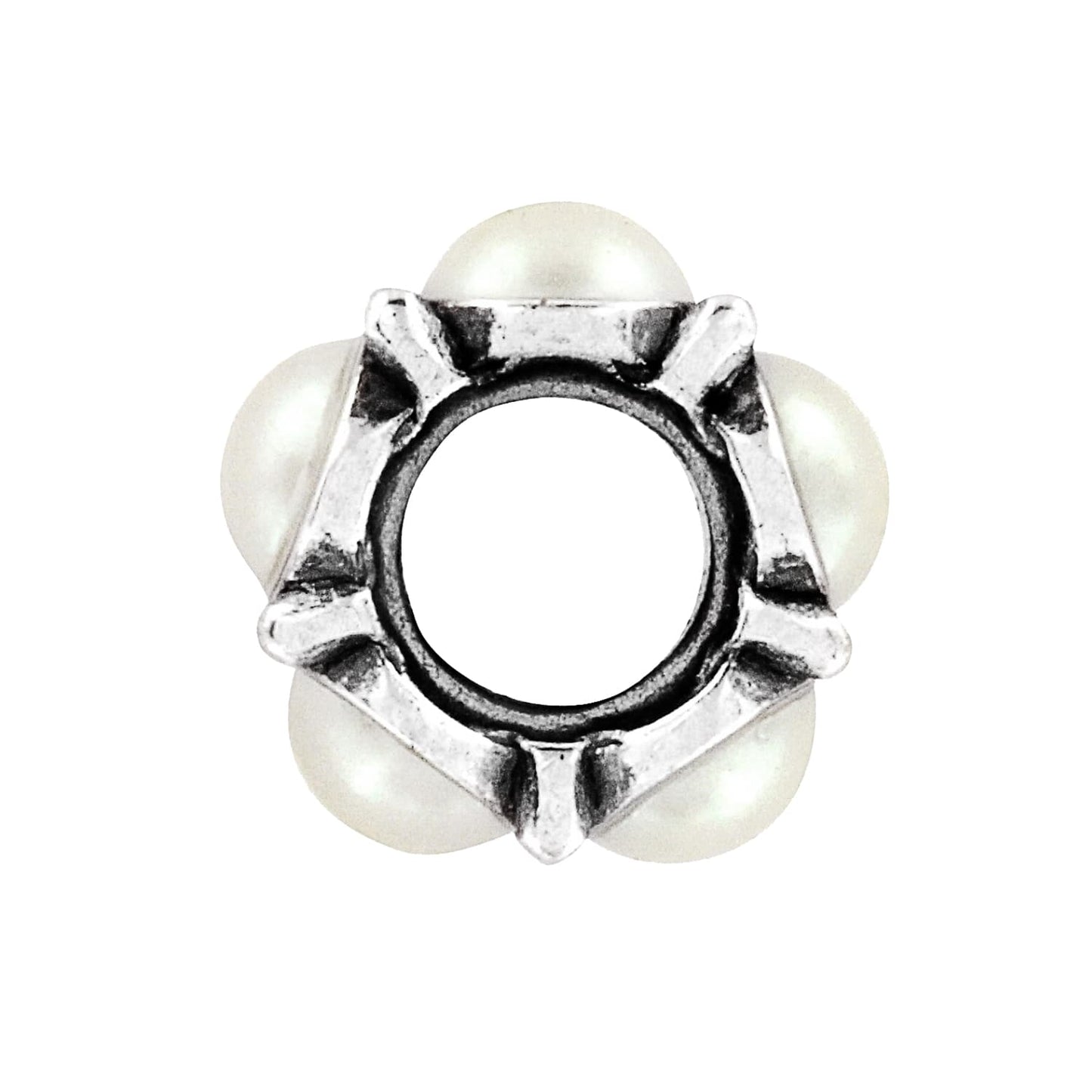 Brighton silver-plated bead with open center, decorative cutouts, and four white pearl accents on a white background