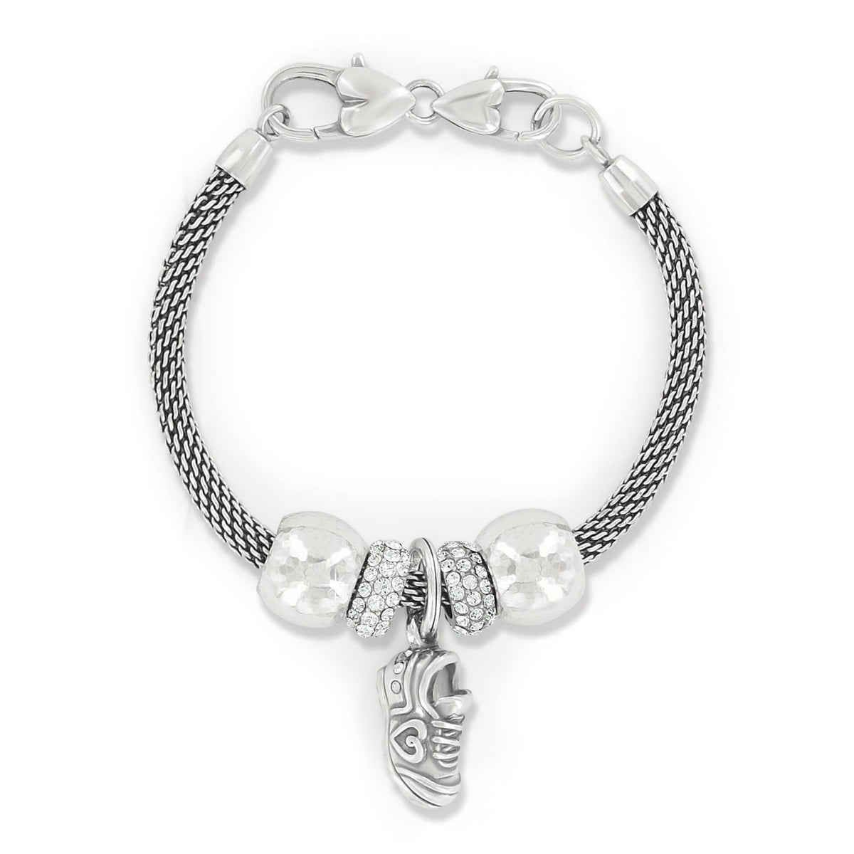 Brighton charm bracelet with silver-plated mesh chain, crystal beads, and sneaker charm on a white background