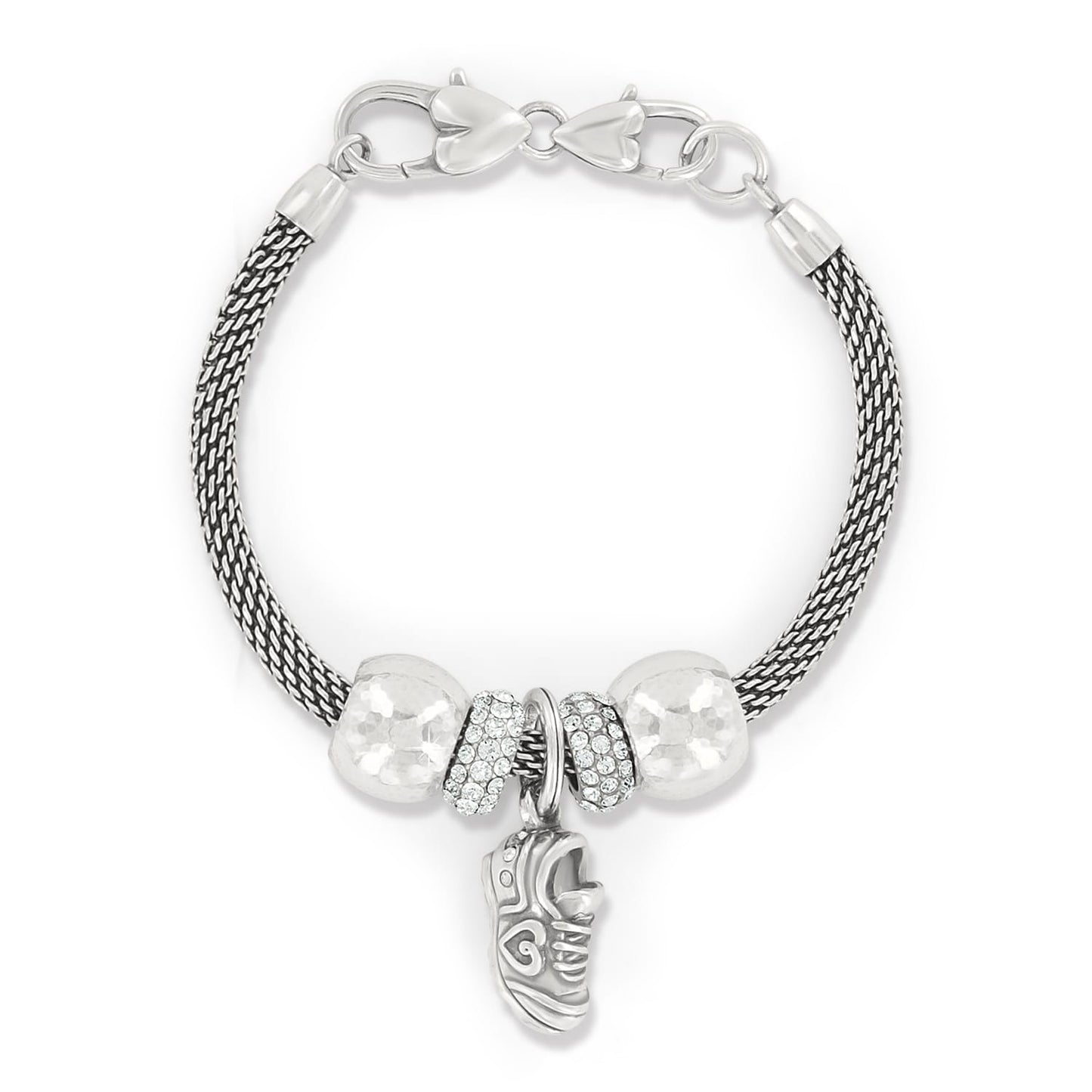 Brighton charm bracelet with silver-plated mesh chain, crystal beads, and sneaker charm on a white background