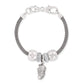 Brighton charm bracelet with silver-plated mesh chain, hammered beads, crystal accents, and sneaker charm on a white background