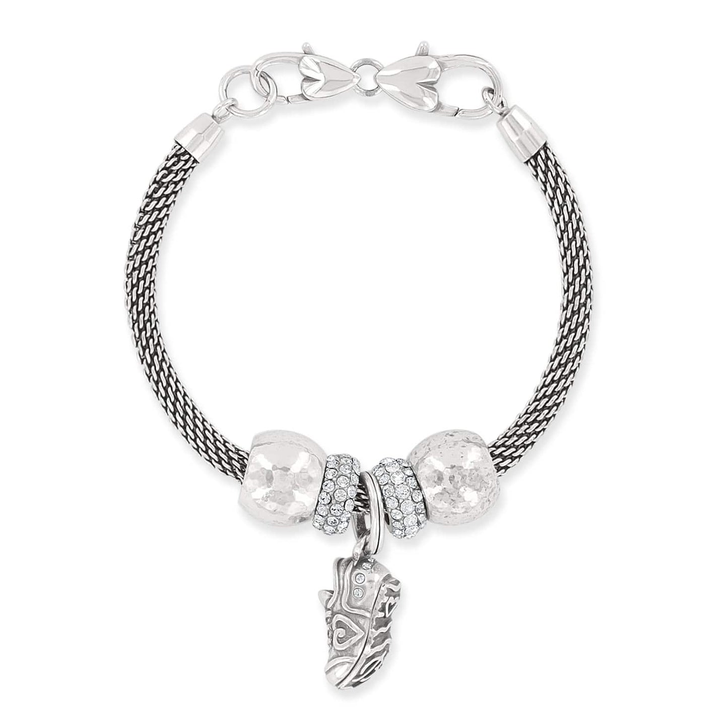 Brighton charm bracelet with silver-plated mesh chain, hammered beads, crystal accents, and sneaker charm on a white background