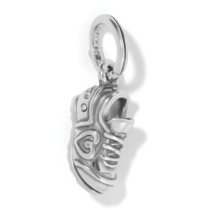 Brighton sneaker charm with silver-plated finish, crystal accents, and swirl detail on a white background