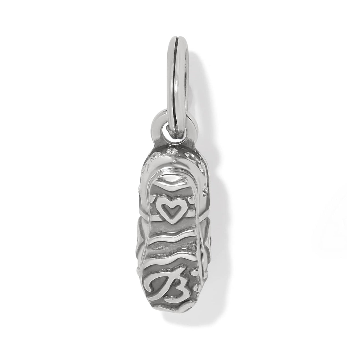 Brighton baby shoe charm with silver-plated finish, heart detail, and split ring on a white background