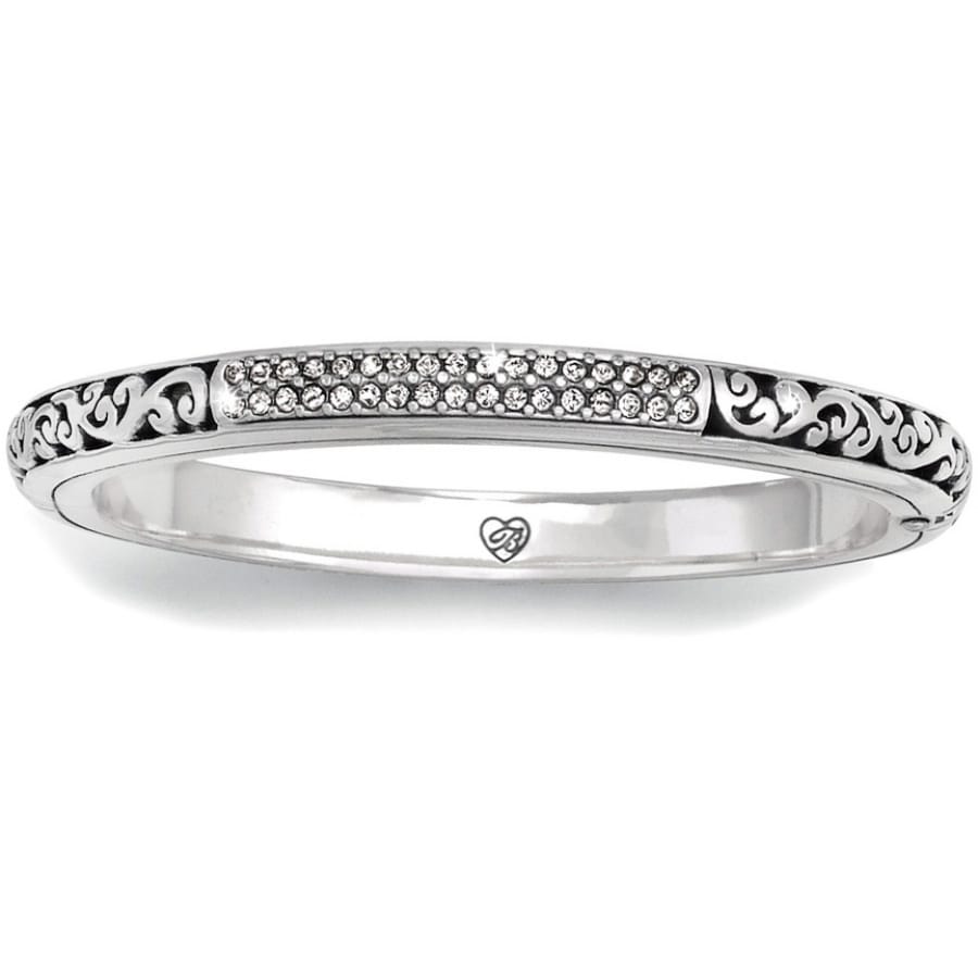 Brighton silver-plated bangle bracelet with pavé crystal band and scroll filigree side detailing on a white background