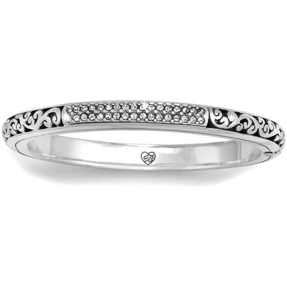 Brighton silver-plated bangle bracelet with pavé crystal band and scroll filigree side detailing on a white background